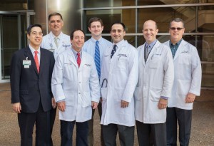 Thomas J. Wang, M.D., Madan Jagasia, M.B.B.S., David Slosky, M.D., Frank Cornell, M.D., Javid Moslehi, M.D., Michael Savona, M.D., and Daniel Lenihan, M.D., work closely to monitor the effects of oncology drugs on patients’ cardiovascular health. Photo by Daniel Dubois.